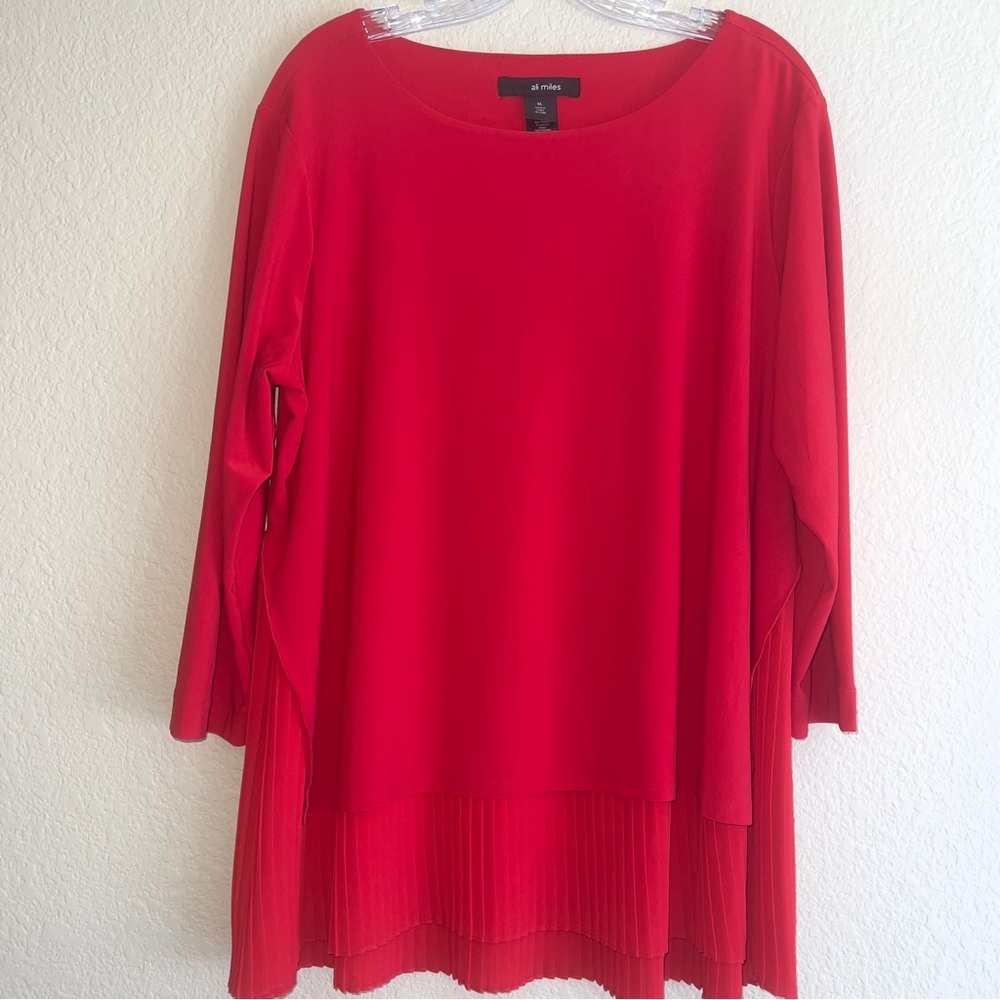 Ali Miles Red Layered Pleated Hemline 3/4 Sleeve Boxy Top Sz XL